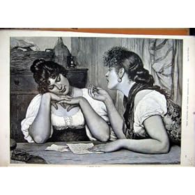 1894 Women Sitting Table Advice Letter Antique Fine Art