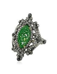 18kt Yellow Gold Diamond Pave Jade Carved Ring Silver Vintage Look Jewelry