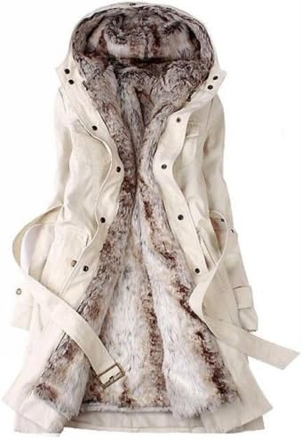 Elain Winter Warm Fur Jackets Wrap Trench Coat Hooded Chrismas Xmas Coat Womens (L, Beige)