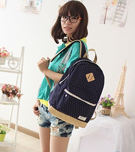 Houser Bags New Korean Edition Girl's Canvas Backpack Polka Dot Printing Teenagers Schoolbag Casual Daypacks for School (Dark Blue)