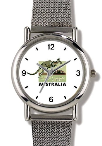 Kangaroo - Australia Theme - WATCHBUDDY® ELITE Chrome-Plated Metal Alloy Watch with Metal Mesh Strap-Size-Large ( Men's Size or Jumbo Women's Size )