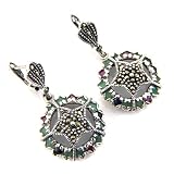 13.40g Genuine Ruby Emerald Sapphire Gemstone Marcasite 925 Silver Earring Pair