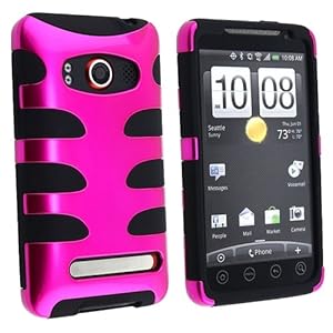 Fishbone Design Hybrid Hard/Gel Phone Cover Protector Case for HTC EVO 4G Sprint - Hot Pink/Black