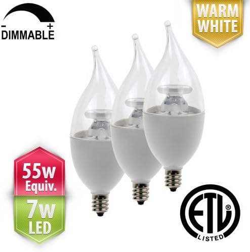[3-Pack] PacLights Cand55 Dimmable LED Candelabra Light Bulbs, 7 Watts, Soft / Warm White, 60w Equivalent Replacement (500 lumens), E12 Candle Base, ETL Listed