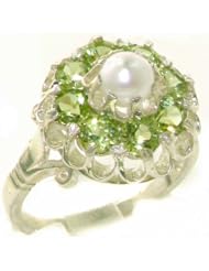 Solid 925 Sterling Silver Genuine Natural Peridot & Pearl Victorian Cluster Ring - Finger Sizes 4 to 12 Available