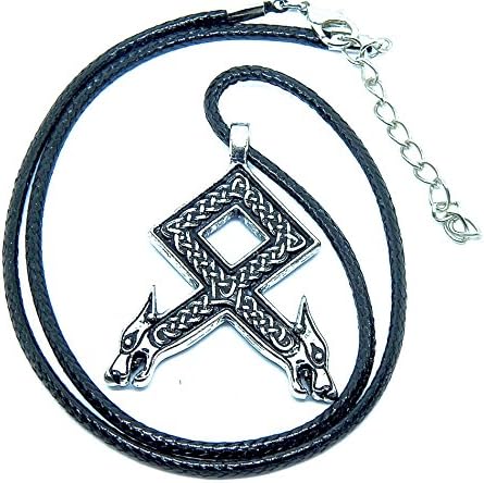 Viking Pendant Odal Rune with Wolf Heads Norse Symbol, Pewter Color, Heavy Alloy