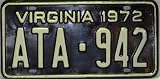 Virginia, 1972 Black with White Letters License Plate