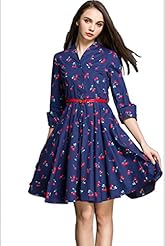 V-neck Belted Vintage Pleated Cotton Floral Print 3/4 Sleeves Winter  Dress