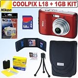 Nikon Coolpix L18 8MP Digital Camera (Ruby Red) + 1GB Accessory Kit