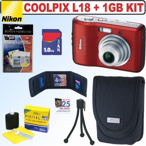 Nikon Coolpix L18 8MP Digital Camera (Ruby Red) + 1GB Accessory Kit