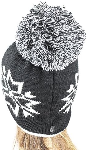 AKAZ Womens Conceptual SnowFlake Removable Pom Beanies White/Black
