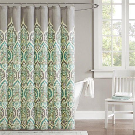 Madison Park 220-Thread-Count Cotton Sateen Nisha Shower Curtain, 72 x 72 Inch, Teal