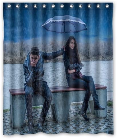 Free Of PVC, Mildew, Toxic and Odor,with humor men rain umbrella women design Shower curtain Measures 60" X 72"