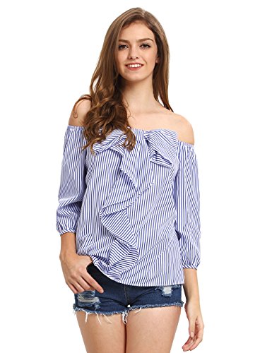 Milumia Women's Tie-bow Vertical Stripe Ruffle Off The Shoulder Blouse Top