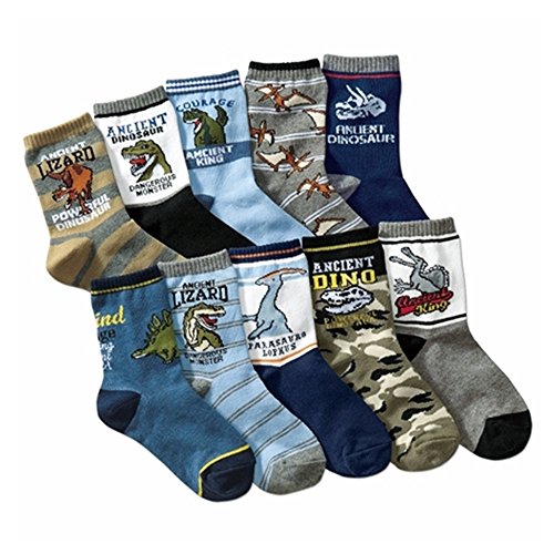 Boy's Dinosaur Style Children Boy Sport Crew Socks 15-19cm,4-8 Year old(10 Pair)