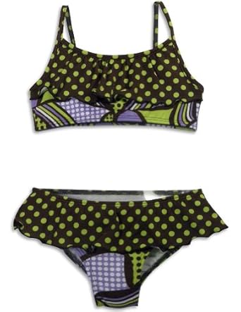 405 South by Anita G - Girls 2 Piece Patchwork Dots Bikini Bathing Suit, Brown, Green, Purple