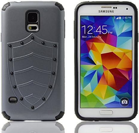 ULIKE Samsung Galaxy S5 Case, Shield Pattern Hybrid Impact Shockproof Hard Cover, Defender Armor Case with PC Shell and Soft TPU Skin Layer for Samsung Galaxy S5 I9600 (Hybrid Armor Series) with 2-Pack High Defintion (HD) Clear Screen Protectors -- 99.99% Clarity and Touchscreen Accuracy (Gray)