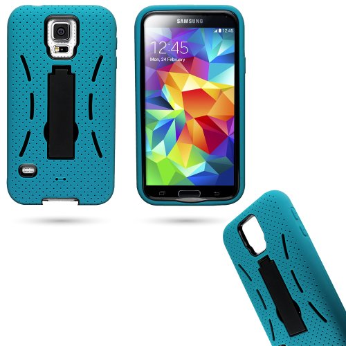 myLife Teal Blue and Shocking Space Black - Shock Suit Survivor Series (Built in Kickstand + Easy Grip Silicone) 3 Piece + 2 Layer Case for NEW Galaxy S5 (5g) Smartphone By Samsung (External Flex Silicone Bumper Gel + Internal 2 Piece Rubberized Snap Fitted Armor Protector + Shock Absorbing Material)