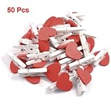 uxcell&reg; Heart Accent Wooden Spring Clothespins Memo Clips 50 Pcs Red White