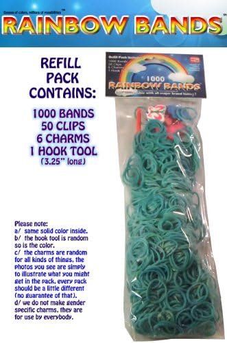 Rainbow Bands TM 1000 Rubber Band Solid Color TURQUOISE Refill Bundle Pack with 50 Clips + 6 Charms + 1 Hook Tool - Fully Compatible with all LOOM Kits