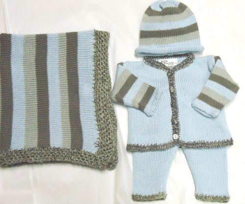 Ck1.012, Knitted on Hand Knitting Machine Finished By Hand Crochet Light Blue Cotton Light Grey Dark Grey Stripes Boys Cardigan Pant Hat Set with Matching Blanket for Ages 0-6 Months