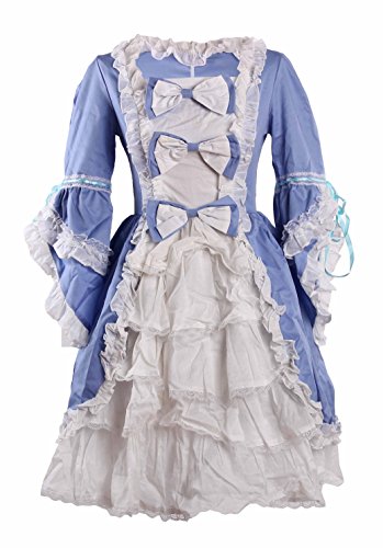 Solilor Sweet Comfortable Long Sleeves Lace Bowknot Blue Gothic Victorian Dress