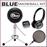 Blue Microphones Snowball Plug-and-Play USB Microphone in Black with Studio Headphones and Microphone Pop Filter