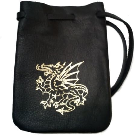 Leather Dragon Dice Bag - Medium 4.5" x 6" Drawstring Pouch (Black Leather wi...