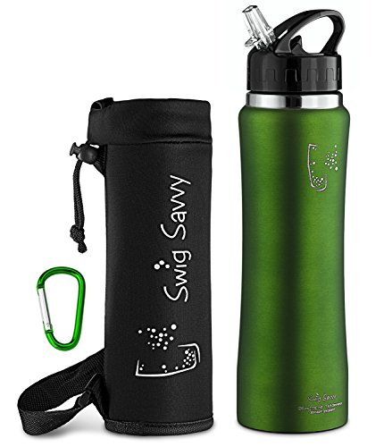 Swig Savvy Stainless Steel Insulated Water Bottle with Straw Cap and Pouch - Green (25 oz)