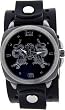 Reverse Black Double Dragon Skull Wide Distressed Black Leather Band Circle Trendy Design Steel Black Dial Gothic Punk Biker Wristband Watch