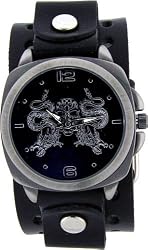 Reverse Black Double Dragon Skull Wide Distressed Black Leather Band Circle Trendy Design Steel Black Dial Gothic Punk Biker Wristband Watch