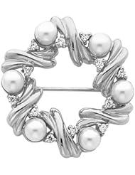 14K White Gold Akoya Cultured White Pearl and Diamond Circle Brooch -- LIFETIME WARRANTY