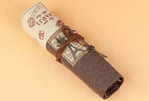 Lani Ang New Arrival Creative Eiffel Tower Pattern Vintage Canvas Roll up Pen Pencil Bag Makeup Case (Coffee)