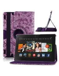 Generic Classical New Fashion Modern Art Flower Pattern Design Series 360 Degree Rotating Stand Ultra Slim Slim-Fit Lightweight PU Leather Smart Case Cover with Auto Sleep / Wake Feature Corner Protection & Multi-Angle Viewing for Kindle Fire HDX 8.9" Tablet 8.9" HDX Display, Wi-Fi, Optional 4G LTE Wireless, 16GB, 32GB, or 64GB(2013 Release) - Purple Stylish Embossed Flower + Free Gift ONE Stylus Pen