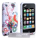 Yousave Accessories TM Stilvoll Wei� / Mehrfarbig Blumen Wirbel Muster Silikon Gel Schutzh�lle Tasche F�r Das Apple iPhone 3 / 3G / 3GS Mit Displayschutz Folie Und Graues Micro Faser Poliertuchvon "Yousave"