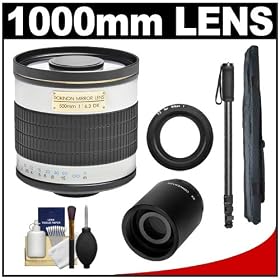 Rokinon 500mm f/6.3 Mirror Lens (White) (T Mount) with 2x Teleconverter (=1000mm) + Monopod + Accessory Kit for Nikon 1 J1, J2 & V1 Digital Cameras