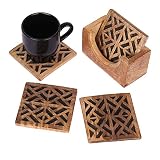 Hand Carved Set of 4 Wooden Coasters for Tea Coffee Beer with Geometric Motifs Barware Dining Accessories