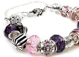 Pink & Purple Murano-style Lampwork Bead Bracelet with Charms - Snake Chain Unscrews so Beads CAN Be Changed. Lobster Heart Clasp. Beautiful Bracelet Complete with Beads & Charms in Gift Box