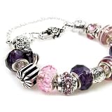 Pink & Purple Murano-style Lampwork Bead Bracelet with Charms - Snake Chain Unscrews so Beads CAN Be Changed. Lobster Heart Clasp. Beautiful Bracelet Complete with Beads & Charms in Gift Box