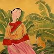 Hand Painted Original Chinese Watercolor painting - Lady with cat in front of banana trees