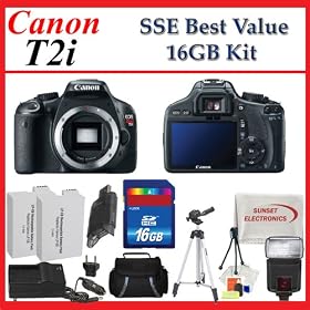 Canon EOS Rebel T2i (550D) Digital SLR Camera Body + 2 Extended Life Batteries + Battery Charger + 16 GB Memory Card + Card Reader + Tripod + Carrying Case + Starter Kit + Digital Flash and more!!