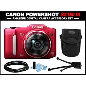 Powershot SX160 IS Point and Shoot Digital Camera (Black) + 6ft HDMI Cable + 6'' Mini Tabletop Tripod + Small Camera Case + Cleaning Kit