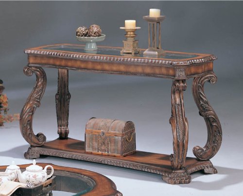 Anitqued Finish Glass Enlay Top Sofa Table