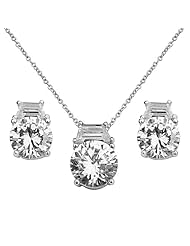 .925 Sterling Silver CZ Stud Earrings and Matching Pendant-Necklace Set with 1.2mm Cable Rolo Chain - 16"+2" Inches Extension