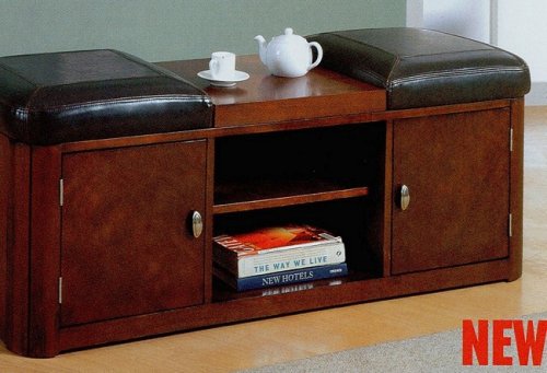 Black Vinyl Storage Bench Ottoman Coffee Table w/Soho Finish Wood Base