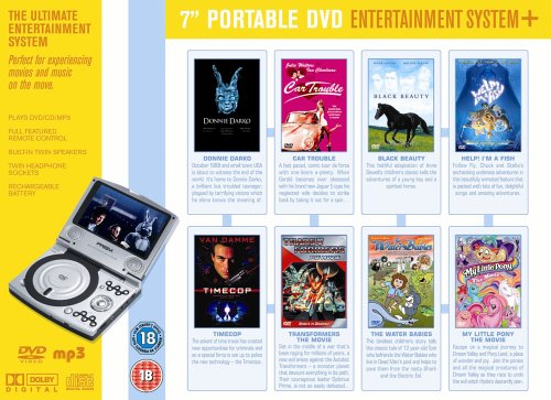 Prism 7" Portable DVD Player with 8 DVDs &ndash; Including Timecop, Donnie Darko and Transformers The Movie