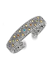 Phillip Gavriel Sterling Silver and 18k Yellow Gold Oxidized Blue Topaz, Peridot, Citrine Byzantine Cuff Ladies Bangle