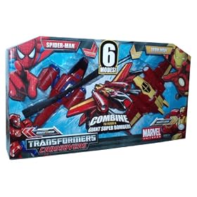Marvel Universe Transformers Crossovers 2 Pack Set - Spider-Man and Iron Man with 6 Different Modes (Spider-Man, Attack Helicopter, Iron Man, Fighter Jet, Giant Super Bomber and Heavy Assault Robot)