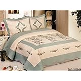 3pcs High Quality Fully Quilted Embroidery Quilts Bedspread Bed Coverlets Cover Set , Queen King (Beige/AquaBlue)