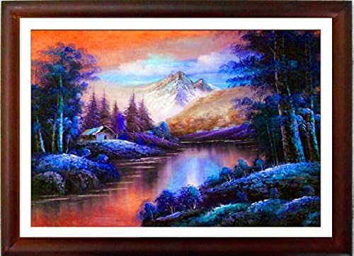 "Nature Home" Framed Original Artisan Picture Fine Art Print in Natural Wood Frame with Glass, a Recent Design Based on Original Classic Oil Painting, Nature Home, Beautifull Sunrise Natural Scene Home By the River Warm Vivid Colours.